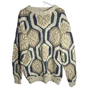 River Trader Hand-Knit Vintage Snowflake Sweater • XL • Cozy Winter Cable